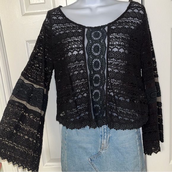 Amuse Society Tops - Amuse Society Long Bell Sleeve Black Sheer Lace Crop Top